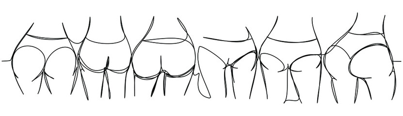 Women's sports volleyball team in one line. Fit girls back view. Fitness group with elastic buttocks. For a banner to the gym.