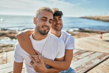 Young gay couple smiling happy sitting on the bench at the beach promenade.
