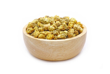 Chrysanthemum tea in wooden bowl isolated on white background. Chrysanthemum tea is a flower-based infusion beverage made from chrysanthemum flowers which are most popular in East and Southeast Asia