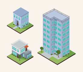 isometric buildings with greenery