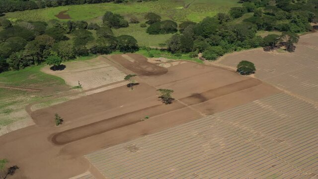 Countryside rural area tractor working in fields near tarcoles river Costa Rica aerial sunny day