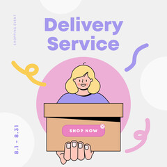 Woman holding a box. delivery service. shopping event. Vector illustration.