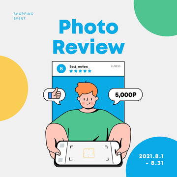 Man taking photo with smartphone. photo review promotion. shopping event. vector illustration.