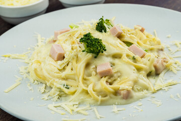 Delicious Fettuccine with white sauce, broccoli, turkey breast cubes and grated cheese. Selective focus.