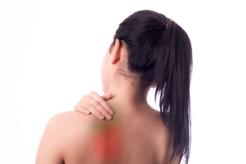 Asian woman with shoulder pain. woman is enduring awful ache. shoulder pain from sports. Young lady with shoulder pain