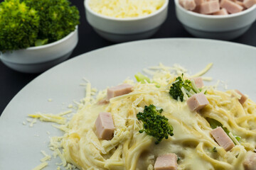 Delicious Fettuccine with white sauce, broccoli, turkey breast cubes and grated cheese. Selective focus.