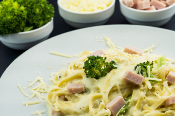 Delicious Fettuccine with white sauce, broccoli, turkey breast cubes and grated cheese. Selective focus.