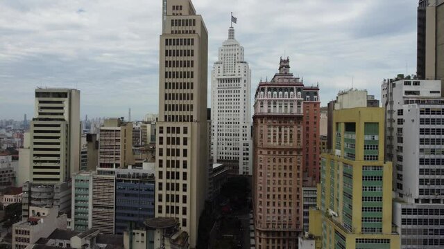 Aerial view of downtown Sao Paulo, Brazil, the largest and most populated city in Latin America. The Sao Paulo state flag is seen on the top of a skyscraper.