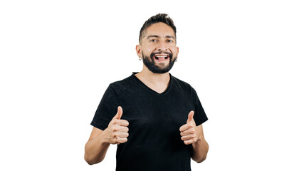 man in black shirt having a thumbs-up sign on white background