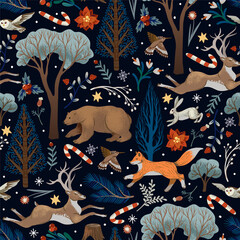 Christmas seamless pattern with trees and animals. Vector holiday background for print.