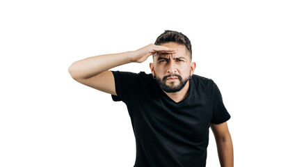 man in black shirt looking at white background