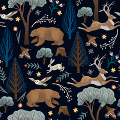 Christmas seamless pattern with trees and animals. Vector holiday background for print.