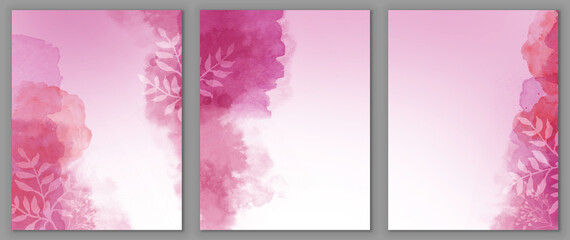 Watercolor floral background for wedding invites or brochure border illustrations, pink plant leaves in white outlines, set of botanical flowers on watercolor blotches