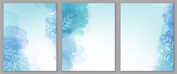 Watercolor floral background for wedding invites or brochure border illustrations, blue plant leaves in white outlines, set of botanical flowers on watercolor blotches