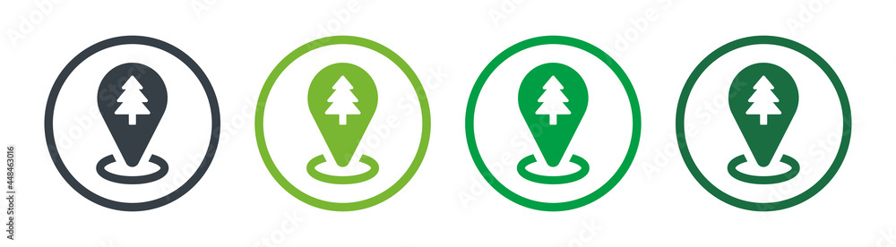 Poster pine tree symbol on the map pin location. park, forest icon set.