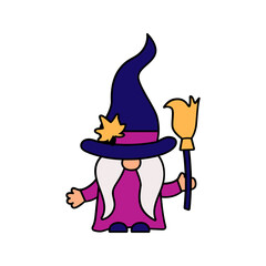 Halloween gnome, witch gnome with broom on white background. Vector illustration.
