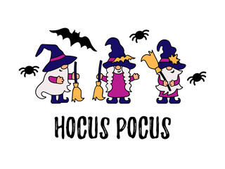 Gnomes with witch hats and brooms on white background. Happy Halloween concept. Vector illustration.