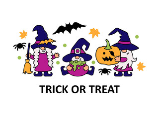 Fototapeta premium Three gnomes with witch hats, cauldron, halloween pumpkin, broom. Happy Halloween concept. Trick or treat. Vector illustration.