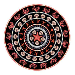 Design rounded scarf with starfishes, shells and rope. Vector trendy print.