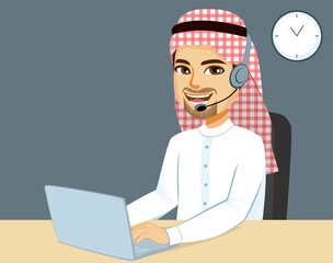Male Arab Muslim worker on call center office working with laptop and headset