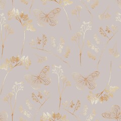 Wildflowers. Rose gold. Vector seamless pattern
