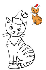 Cat in Santa cap coloring page on a white background with a color sample