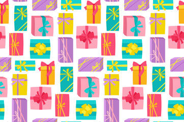 Gift Box with Ribbon, birthday seamless pattern. Wallpaper present holiday, anniversary surprise gift fabric texture. Scrapbook shopping for Birthday Party, Christmas or Wedding paper clip art