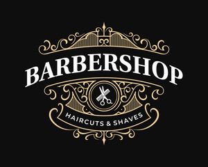 Barbershop ornate vintage victorian typography logo with decorative ornamental frame