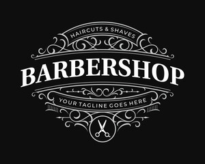 Barbershop ornate vintage victorian typography logo with decorative ornamental frame