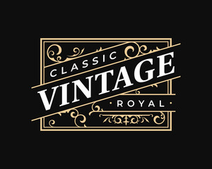 Vintage ornate antique rectangular elegant luxury typographic victorian style logo for your business, shop sign, label, whiskey, rum, beer, scotch, vodka, cognac, bakery etc