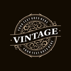 Vintage retro classic circular antique stamp label round badge logo with ornate frame for your business, shop sign, label, whiskey, rum, beer, scotch, vodka, cognac, bakery etc