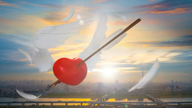 3D Rendering of a Red Heart with Angel Wings Shot in the Air with Scattered Feathers