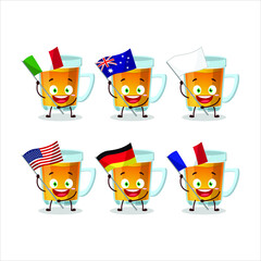 Glass of tea cartoon character bring the flags of various countries. Vector illustration