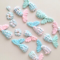 Colorful mermaide tails made from meringue. French dessert. - obrazy, fototapety, plakaty
