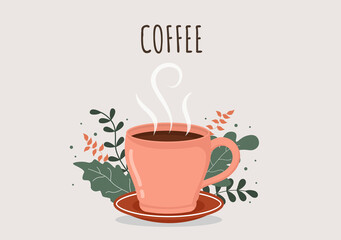 Coffee Cup Background Vector Flat Illustration With Cacao Beans, Grains and Jug. Suitable For Cold Or Hot Drinks