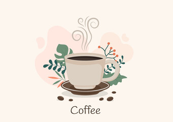 Coffee Cup Background Vector Flat Illustration With Cacao Beans, Grains and Jug. Suitable For Cold Or Hot Drinks