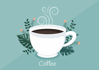 Coffee Cup Background Vector Flat Illustration With Cacao Beans, Grains and Jug. Suitable For Cold Or Hot Drinks