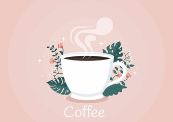 Coffee Cup Background Vector Flat Illustration With Cacao Beans, Grains and Jug. Suitable For Cold Or Hot Drinks