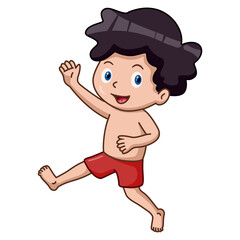 Cute little boy cartoon in swimsuit waving hand