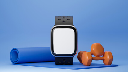 smartwatch with empty screen mock up, dumbbells, yoga mat in blue background