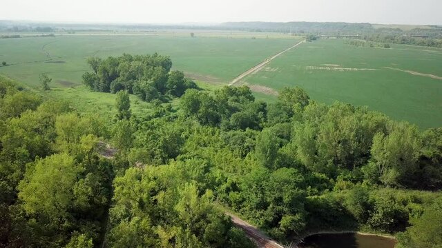 Aerial Of Rural Missouri River Valley With Farmland And Crop Fields