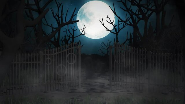 Halloween background with bats and pumpkins, graves, at misty night spooky with a fantastic big moon in the sky.