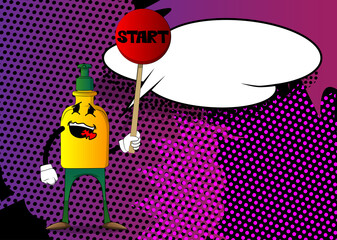 Cartoon bottle of hand sanitizer gel for hygiene with face holding start sign.