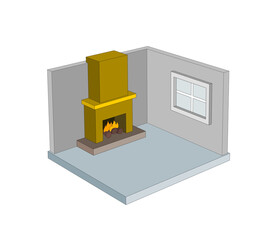 3d model of an empty room with walls, floor and fireplace. perspective view illustration