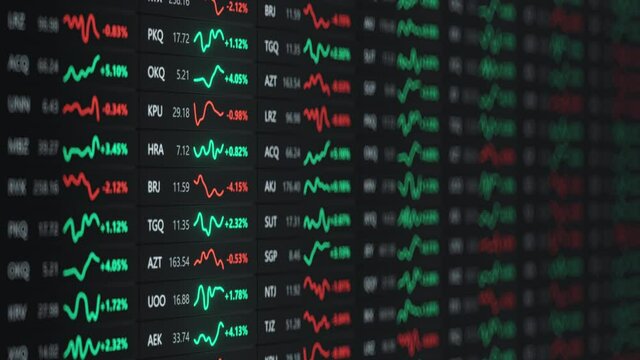 Fictional stock exchange tickers on trading board. Seamless loop 3D render animation