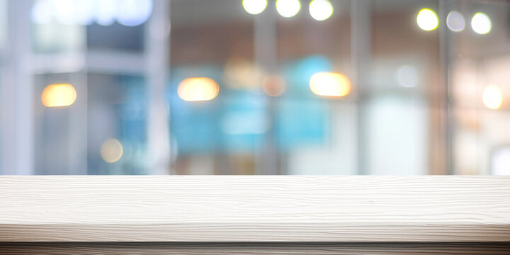 White table presentation, desk and blur background, Empty wood counter, shelf surface over blur restaurant white bokeh background, Wood table top for retail shop, store product display banner, mock up