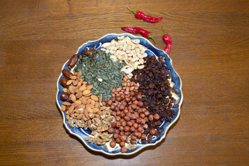 a plate on a wooden table with various nuts