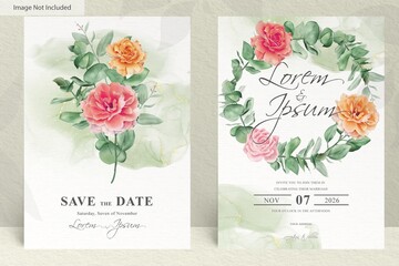 Floral Wreath Wedding invitation template with Eucalyptus leaves and alcohol ink background