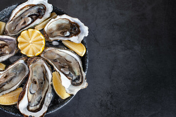 Opened oysters on plate with Lemon and ice