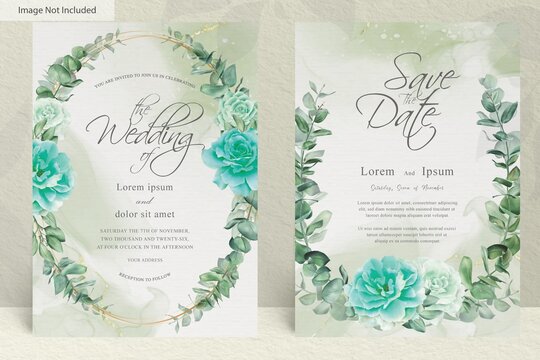 Floral Wreath Wedding invitation template with Eucalyptus leaves and alcohol ink background